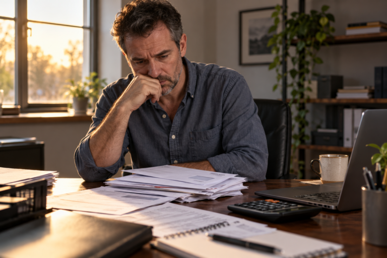 Concerned business owner reviewing overdue tax paperwork