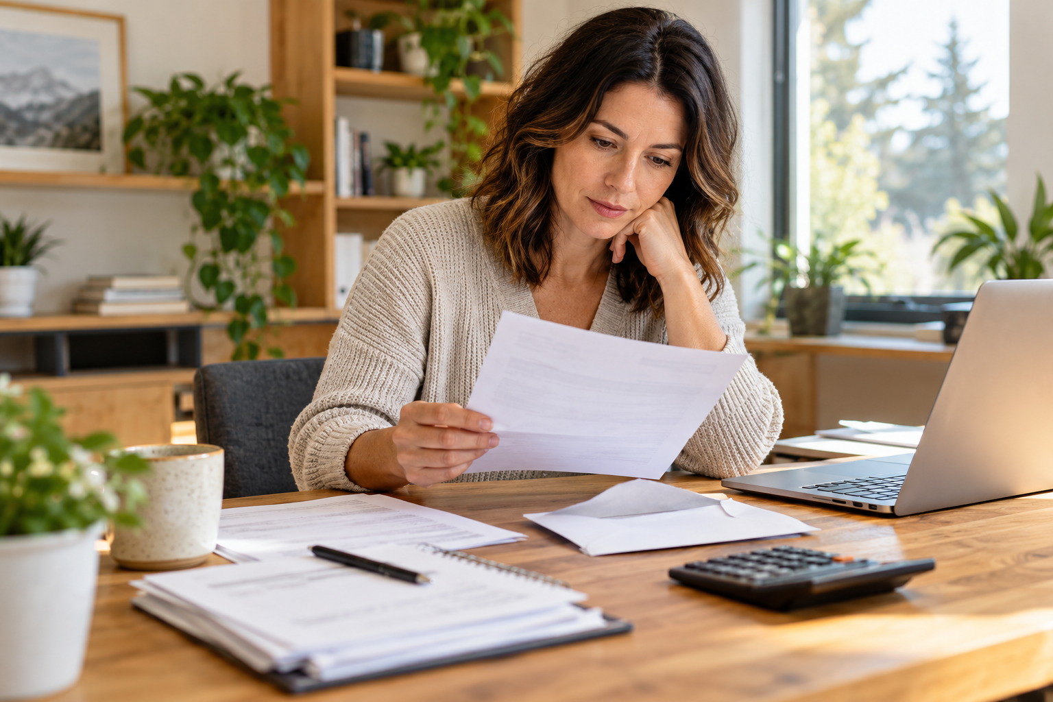 Business owner reviewing a tax letter with financial records, a calculator and laptop at her desk.