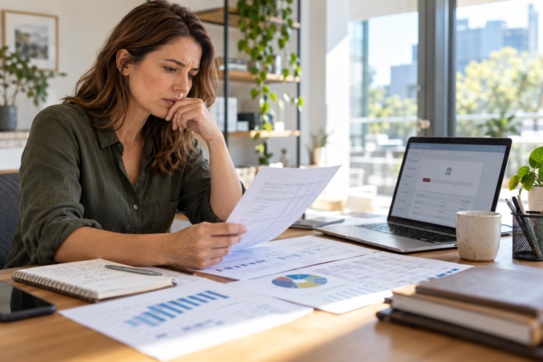 Business owner reviewing profit reports and available cash