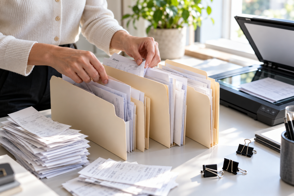 Hands organizing invoices and receipts into separate file folders
