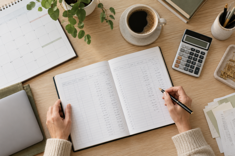 Monthly bookkeeping review with calendar, ledger and calculator