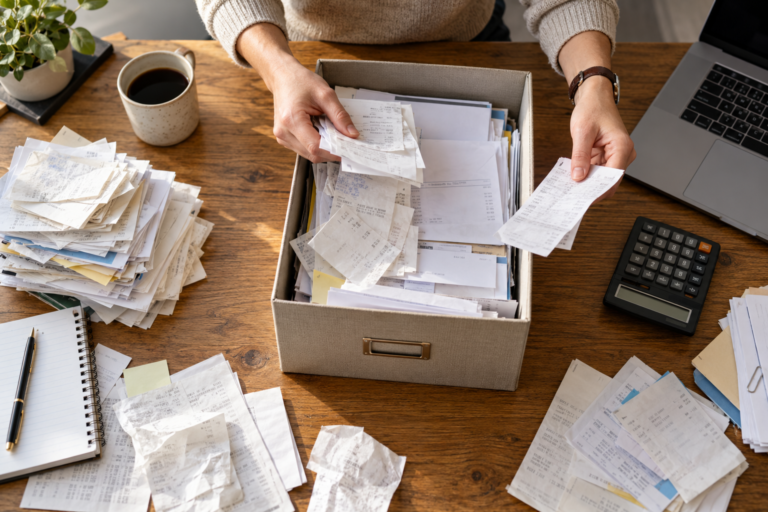 Business records and receipts being gathered for catch-up bookkeeping